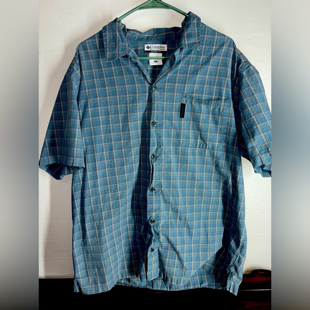 Columbia Mens Check Button Up Shirt Short Sleeves Chest Pockets blue X-Large